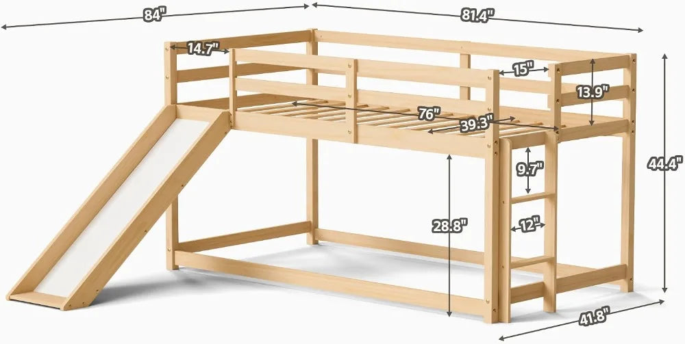 Low Bunk Bed with Slide, Twin Loft Bed with Ladder, Wood Frame for Kids
