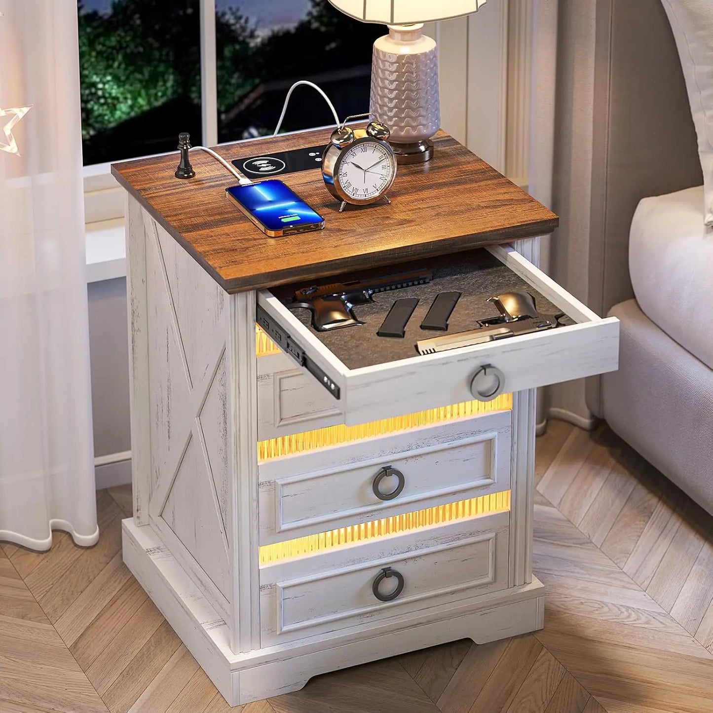 Farmhouse Night Stand With Gun Drawer And Charger Station