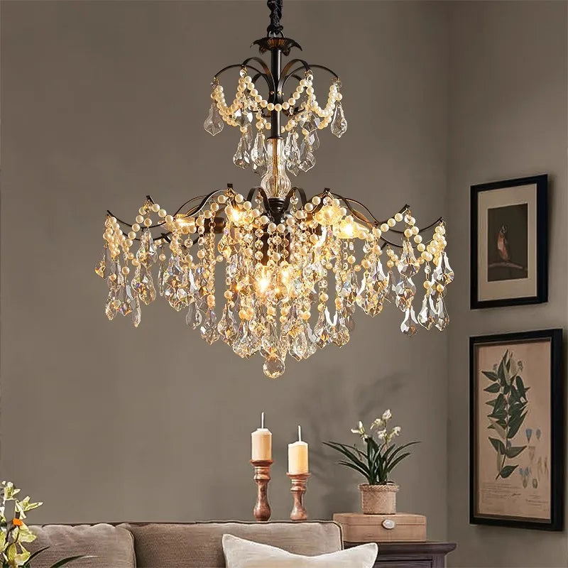 SaloEElaitte American Retro Crystal Pearl Chandeliers E14 Pendant Light