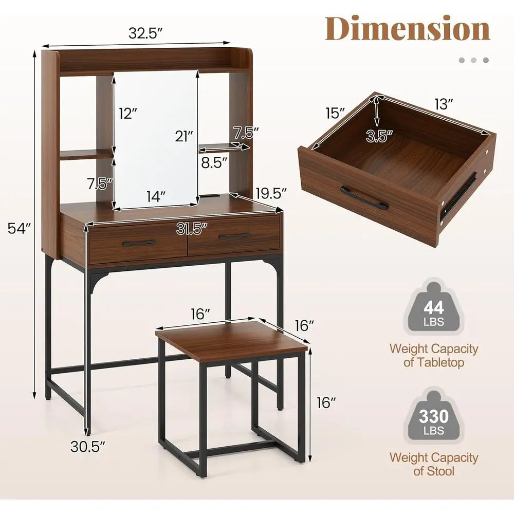 Vanity Desk with Mirror and Stool, Industrial Dring Table with Power Outlet, 4 Shelves, 2 Storage Ders, Bedroom Makeup Vanity Se