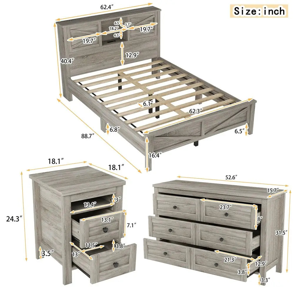 3-Piece Platform Bed Set With Nightstand And Six-Drawer Storage