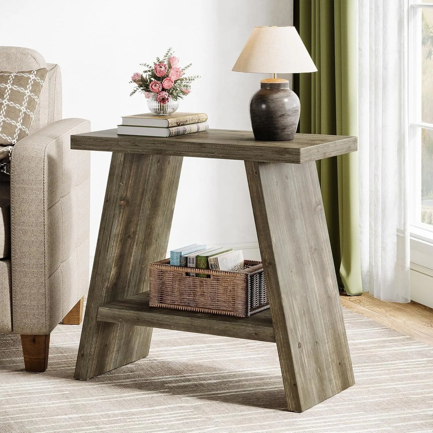 LITTLE TREE End Table for Living Room, Narrow Small Side Table with 2-Tier Storage, Farmhouse Bedside Nightstand for Bedroom
