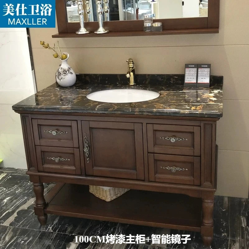 H1 Oak Bathroom Cabinet Set Marble Vanity Sink Toilet Cabinet Customized Solid Wood Floor-standing Wash Basin