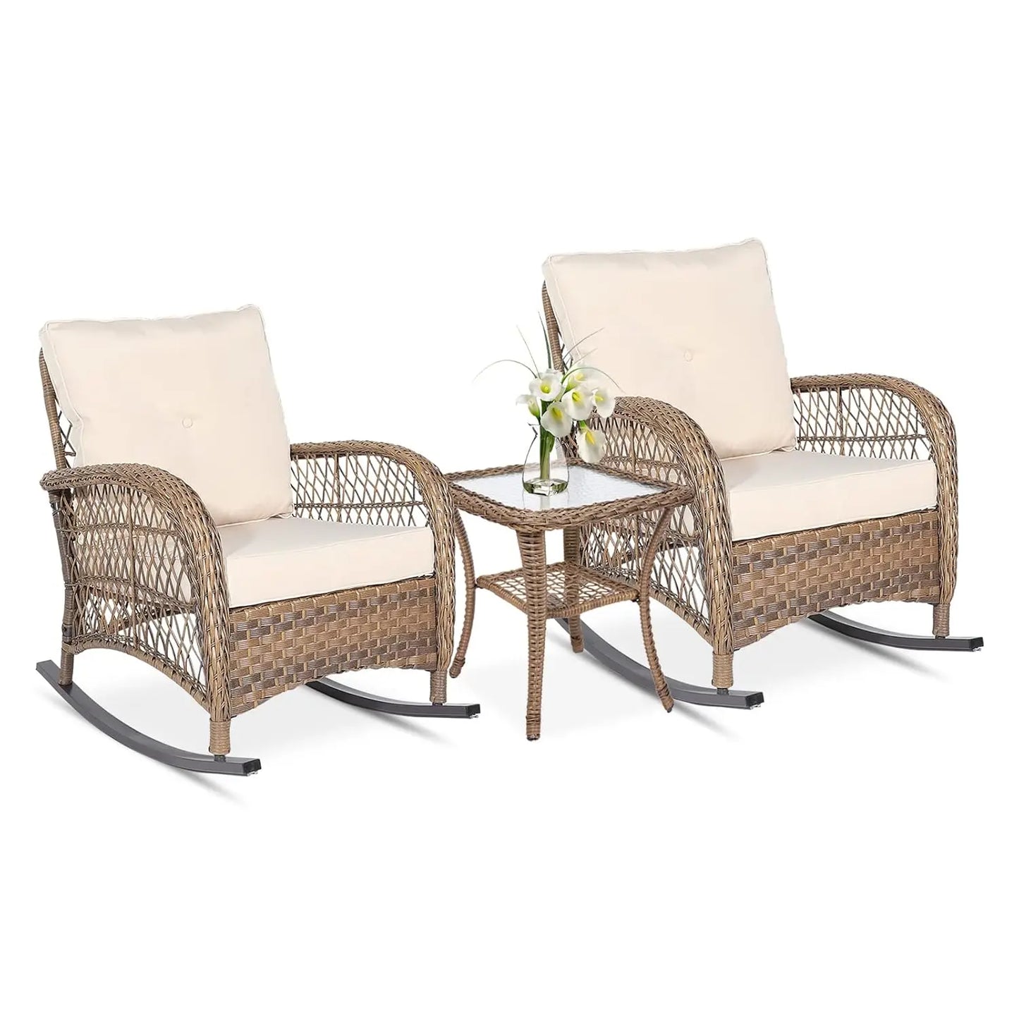 Outdoor Wicker Rocking Bistro Set Cushioned Chairs Glass Top Table