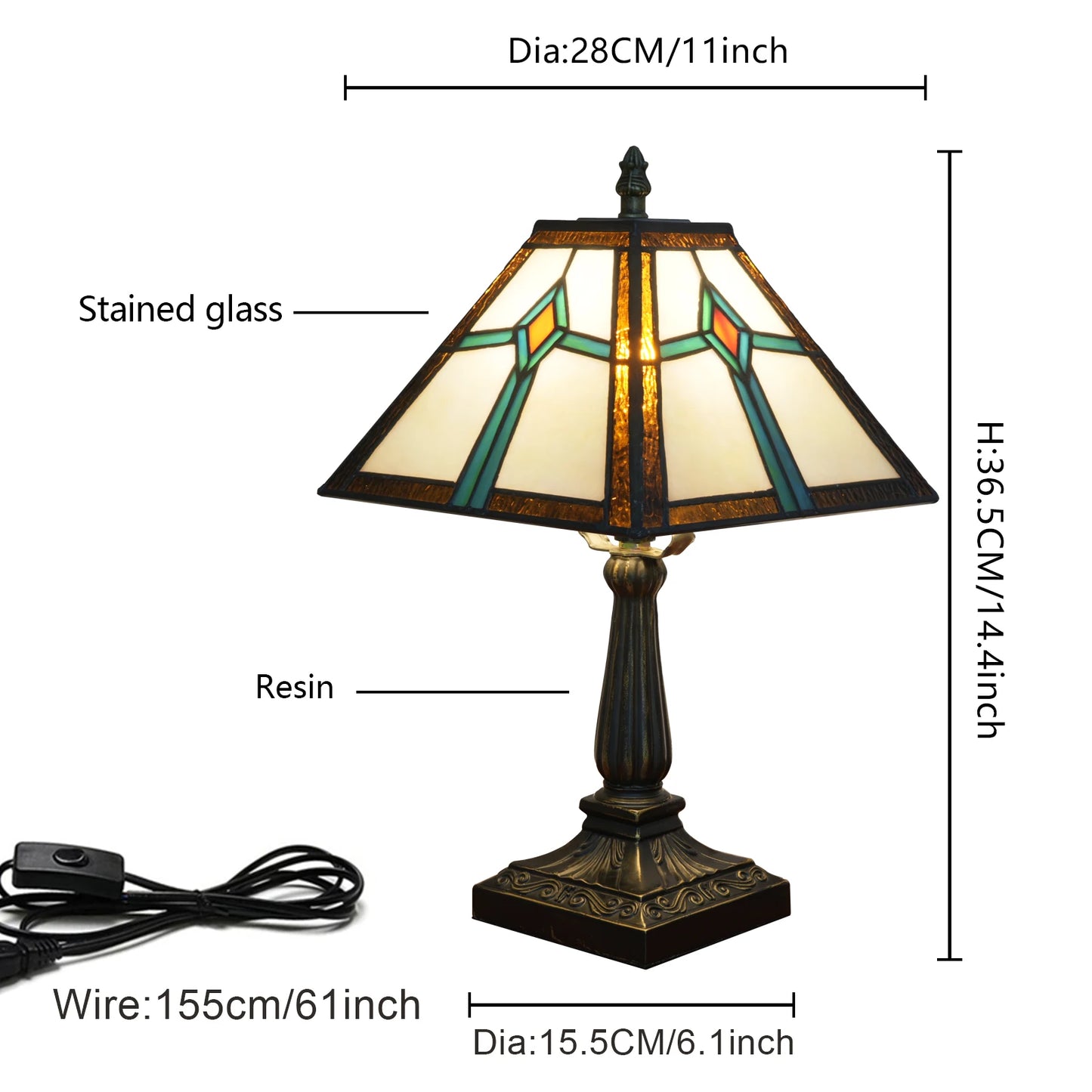 Mission Style Stained Glass Table Light Yellow Antique Desk Lamp Vintage Beside Reading Lamp for Home Living Room Bedroom Office
