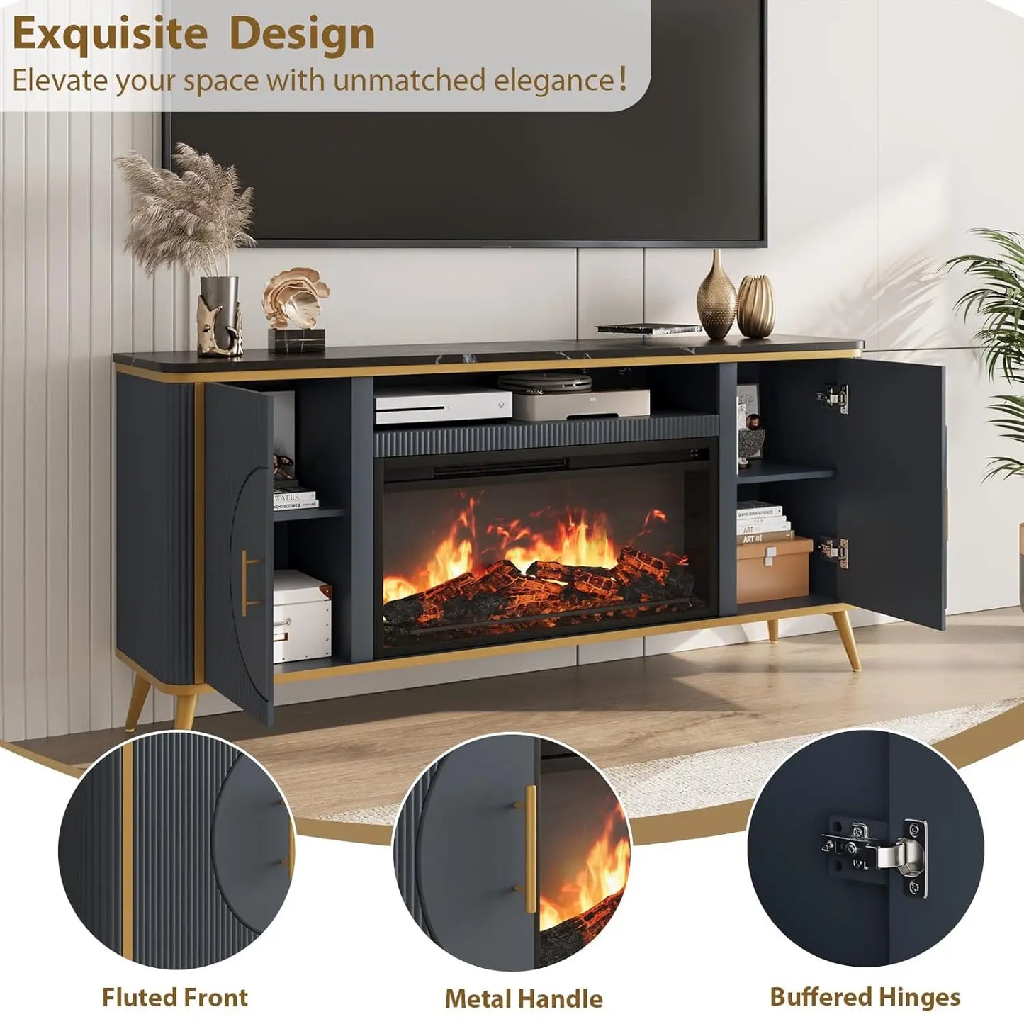 Modern Fluted TV Stand With Electric Fireplace Entertainment Center