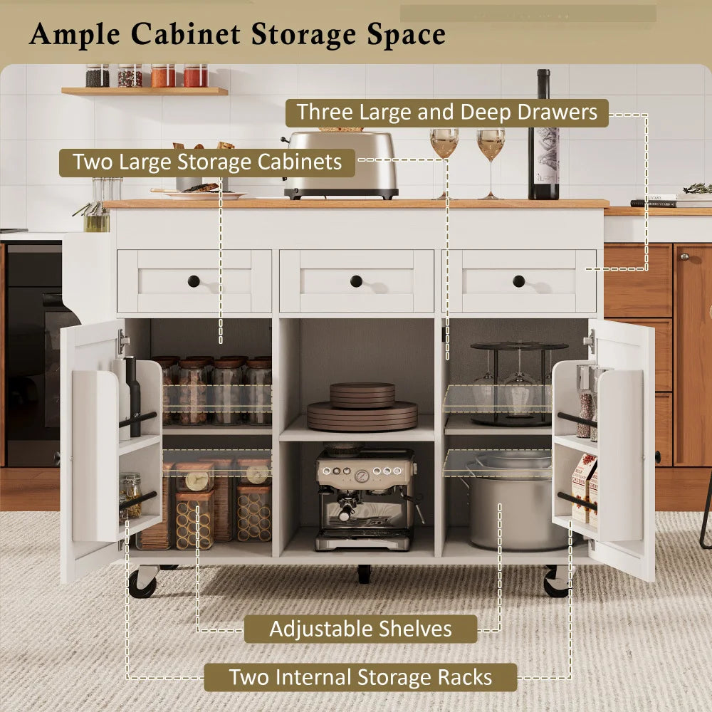 K&K 85.5" Kitchen Island with Extendable Dining Table, Kitchen Storage Table with 3 Side Open Shelves, Rolling Kitchen Island with Power Outlet, 3 Drawers, 2 Doors, for Kitchen, Dining Room, White