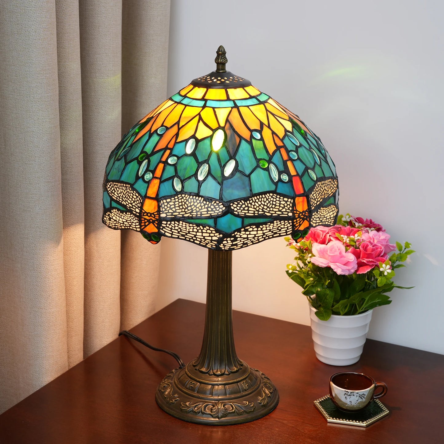 Dragonfly Stained Glass Table Lamp Retro Desk Reading Light Decor