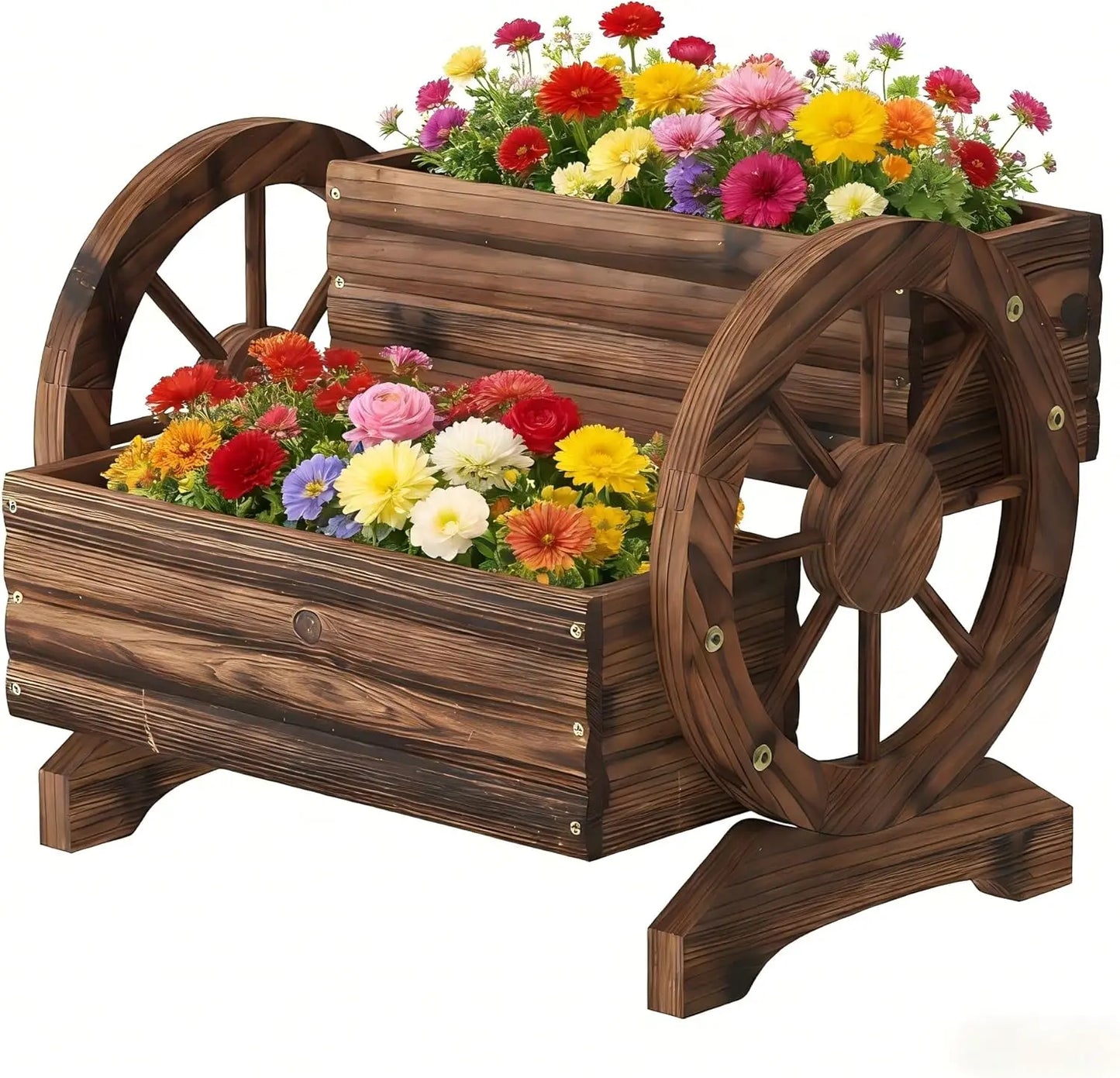 Wooden Wagon Planter With Wheels For Outdoor Garden Balcony Succulent