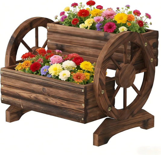 Wooden Wagon Planter With Wheels For Outdoor Garden Balcony Succulent