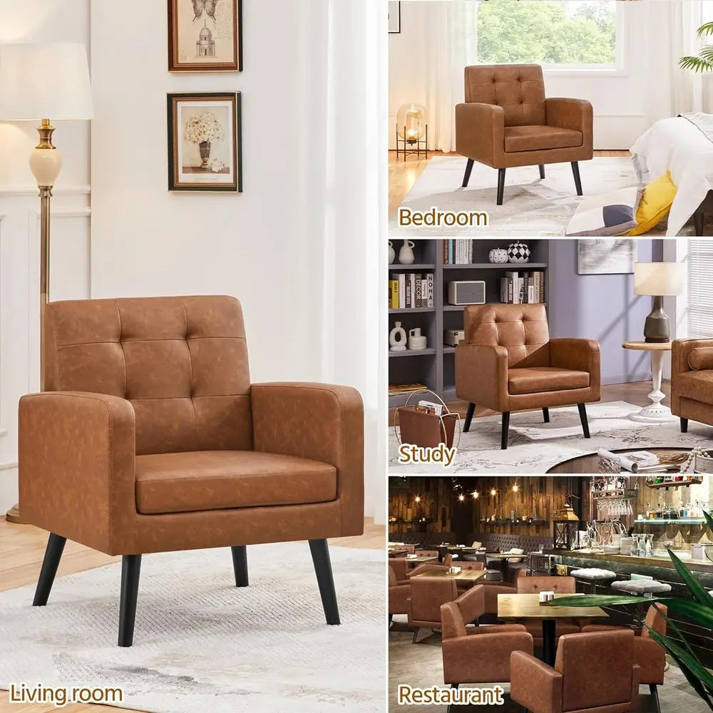 -Century Accent Chairs, PU Leather ern Upholstered Living Room Chair, Cozy Armchair Button Tuted Back and Wood Legs or Bedroom/O