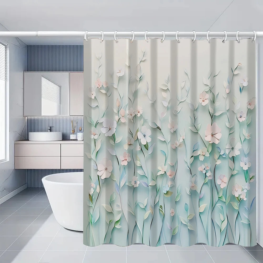 Flower Bird Shower Curtain Set With Carpet And Toilet Seat