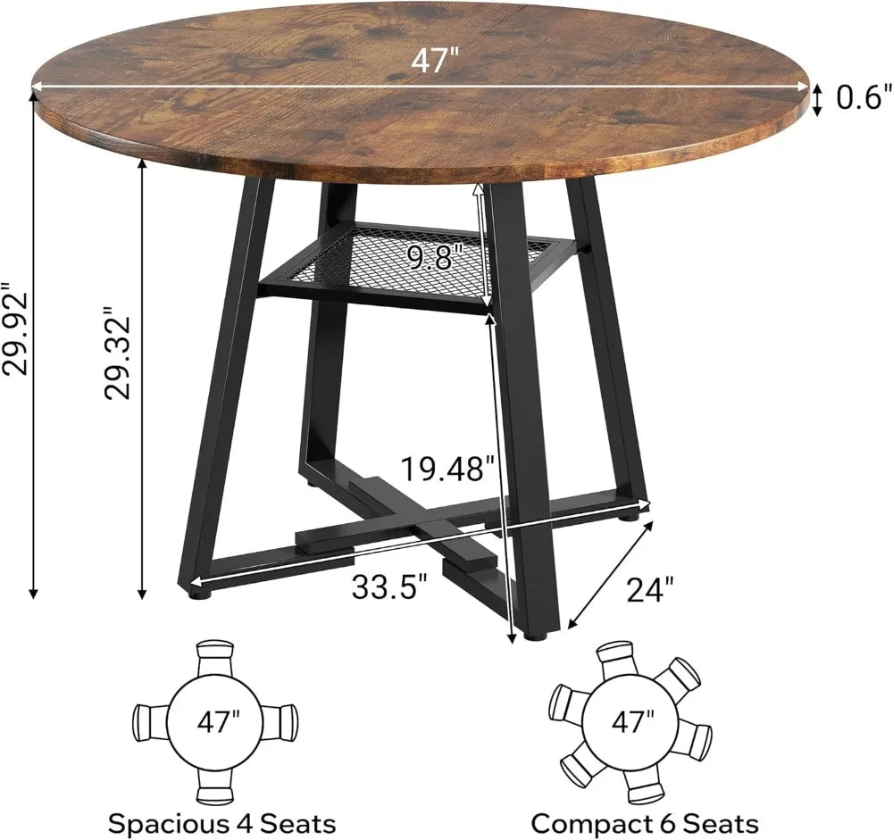 Round Dining Table With Storage Shelf And Modern Metal Legs