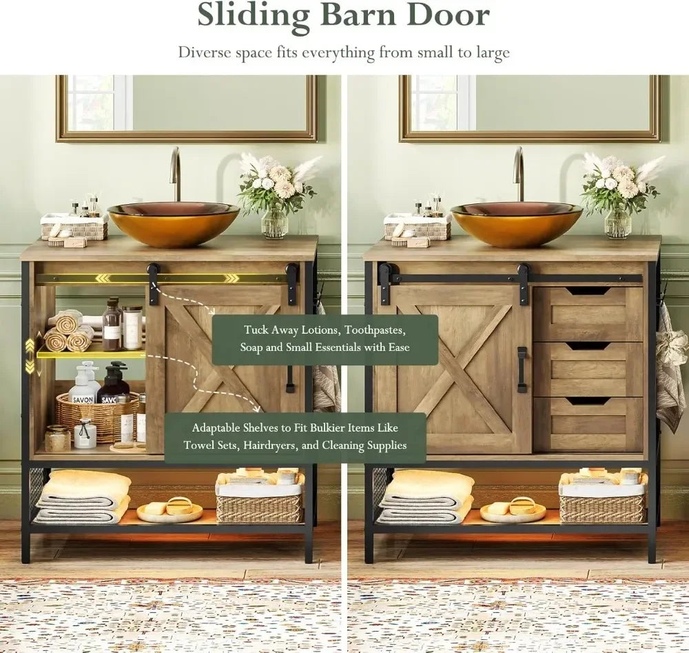 47'' Farmhouse Bathroom Vanity with Double Vessel Sink, LED Light, Sliding Barn Door, 3 Drawers & Adjustable Shelf