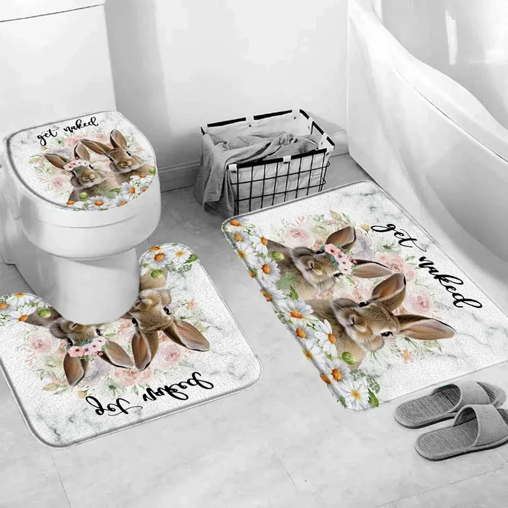 Happy Easter Bath Rug Set With Bunny Truck Eggs Decor
