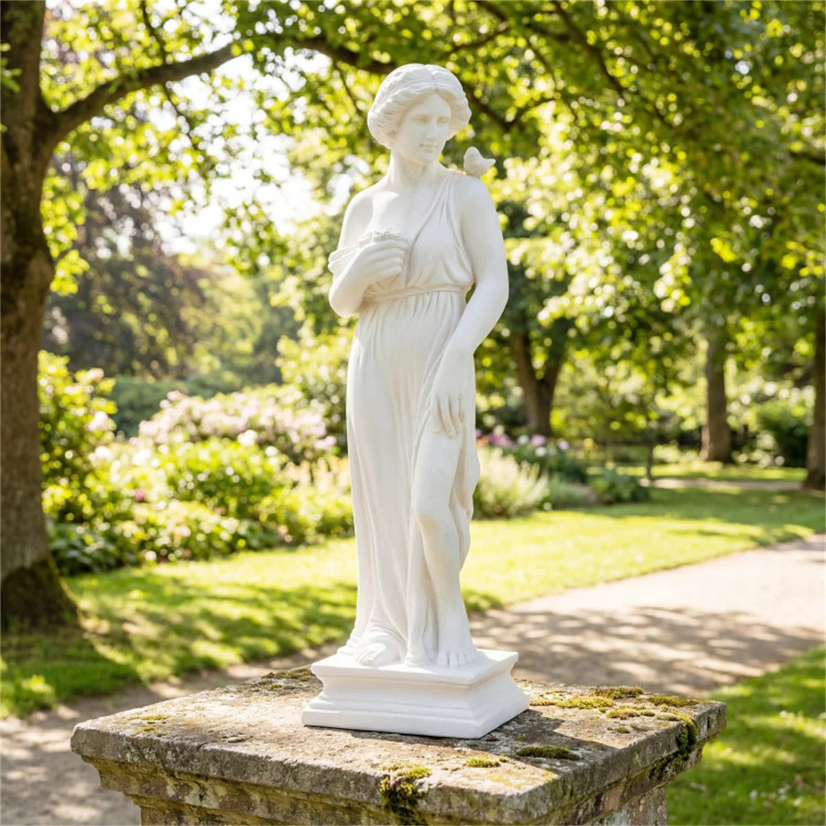 31.5 Inch Tall Greek Goddess Garden Statue, All Weather MgO Outdoor Sculpture with Handcrafted Aged Stone Finish, Floral Bouquet Bird Detail Greek Column Base, Paintable Fade Crack Resistant Mythological Yard Art for Lawn Pat