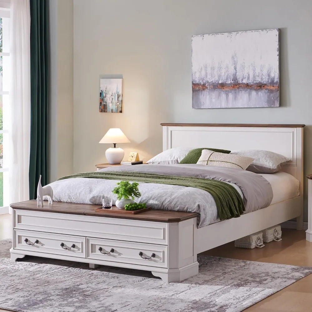 US Local Stock Best Choice Farmhouse Queen Bed with Headboard and Storage Chest Bench Rustic Wood Platform Bed with 64
