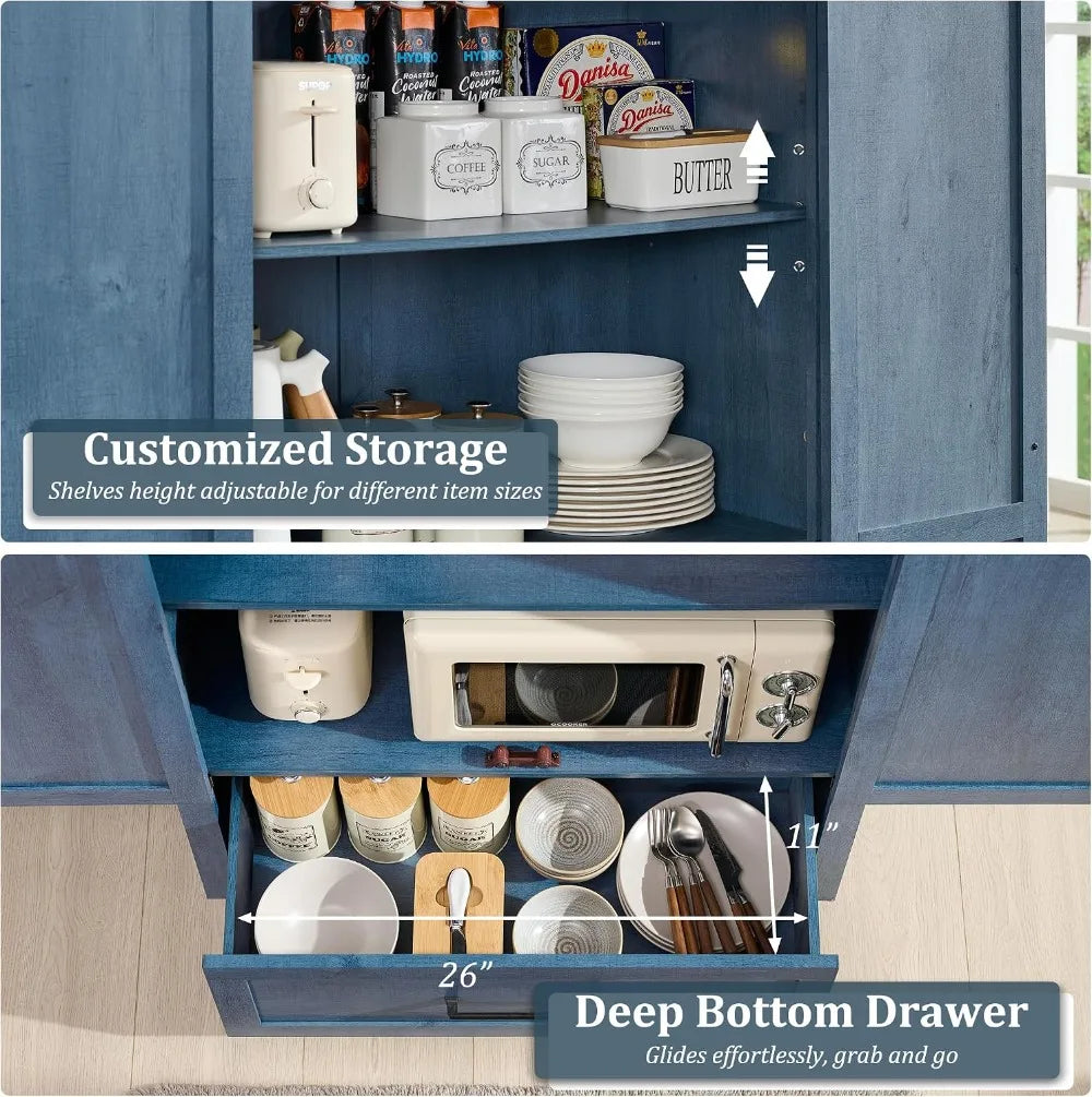 72" Farmhouse Pantry Cabinet, Wood Storage with Adjustable Shelves, Barn Doors & Drawer, Rustic Blue