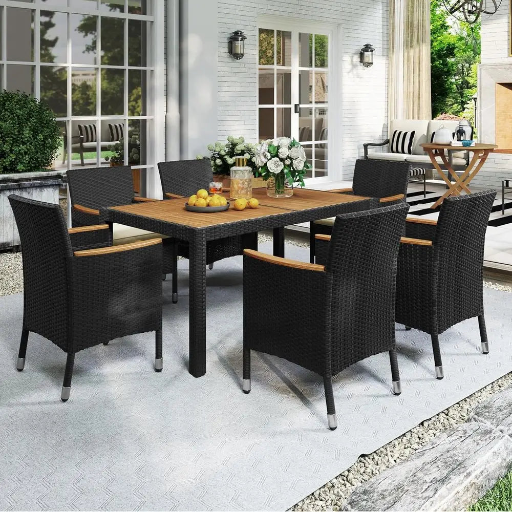 7 Piece Patio urniture Set, Outdoor Dining Acacia Wood Table Top Rattan Contion Set with Sot Cushions, 6 Chairs & 1 Table or Bac