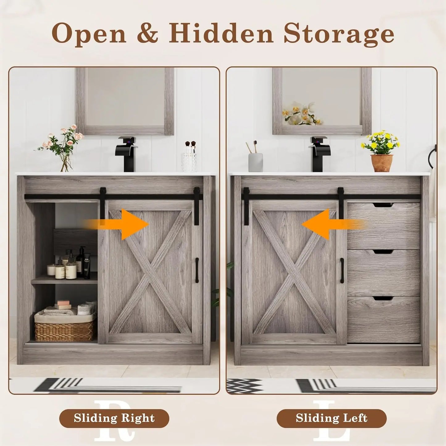 36 Bathroom Vanity Sink Faucet Mirror Farmhouse Cabinet Barn Door Drawers Bath Storage Grey, Custom