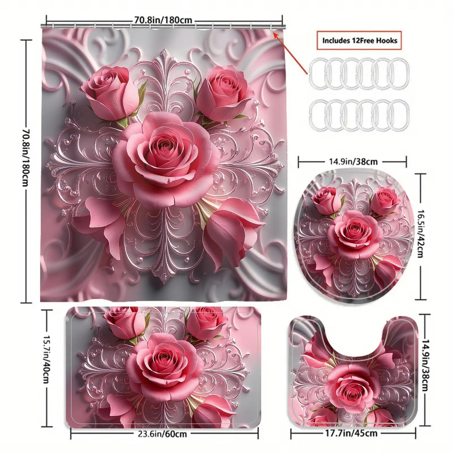 Waterproof 3D Flower Bathroom Curtain Set 4-Piece Non-Perforated