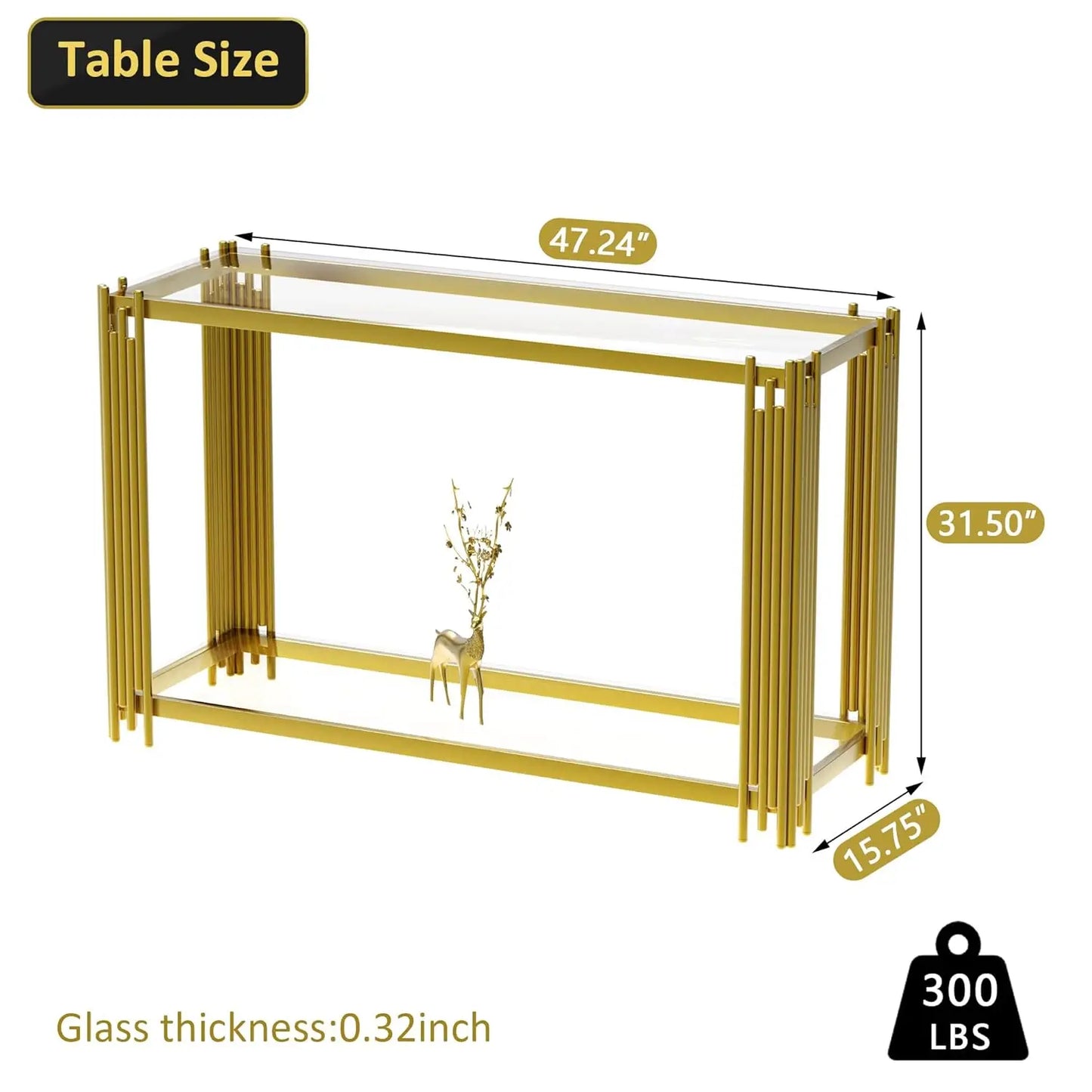 Glass Console Table With Metal Frame And Two Tier Shelf