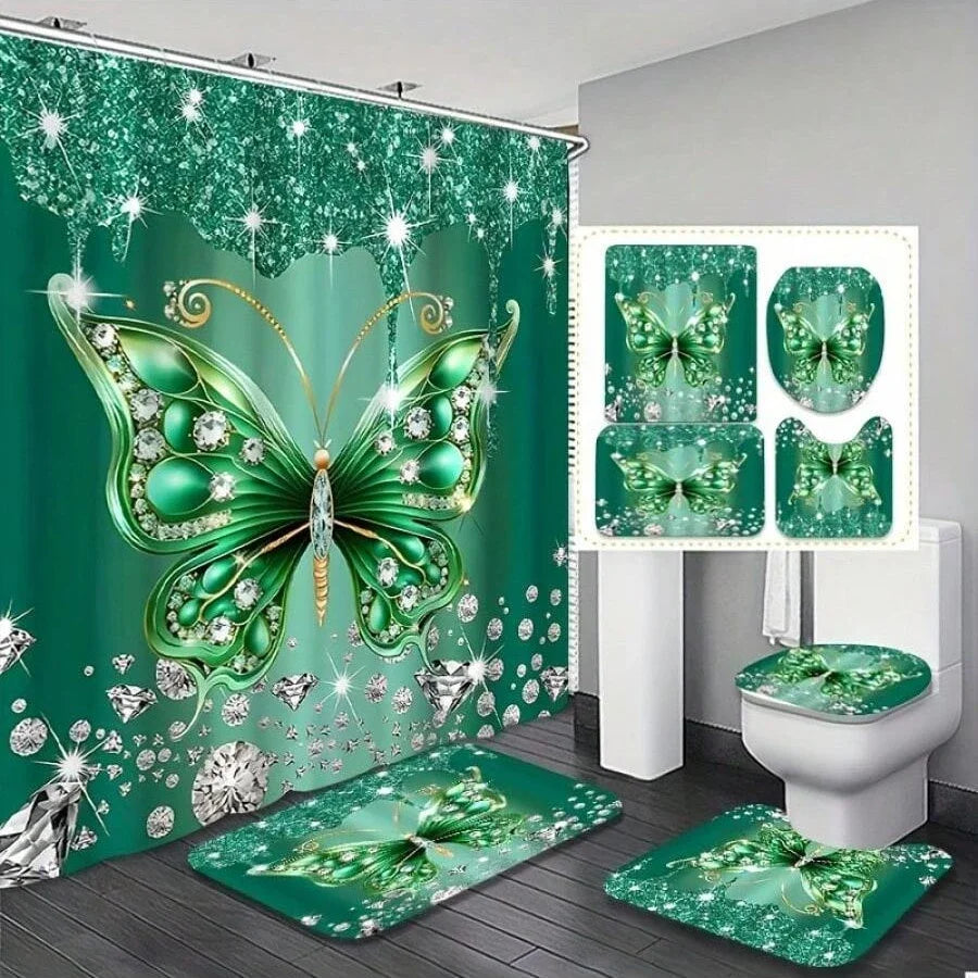 Butterfly Shower Curtain Set With Crystal Embellishments For Bathroom