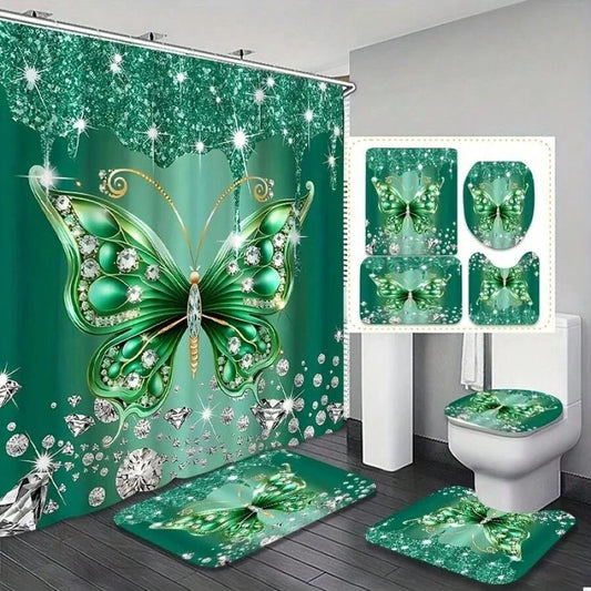 Butterfly Shower Curtain Set With Crystal Embellishments For Bathroom