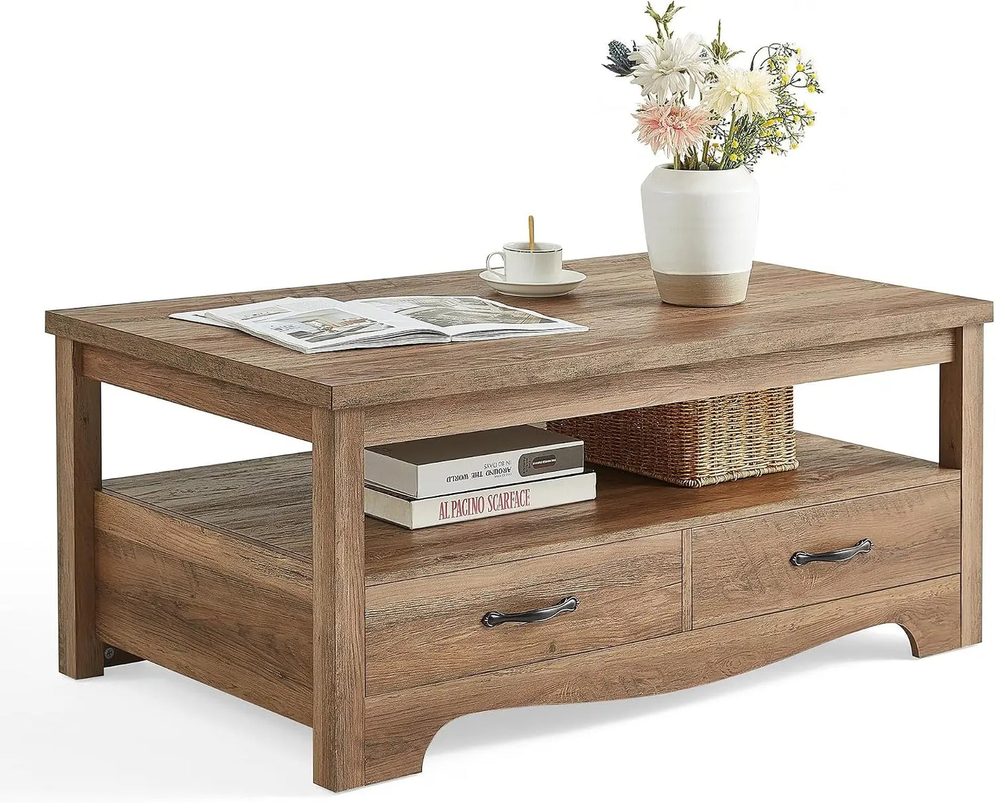 Farmhouse Coffee Table With Storage, Wood Coffee Table For Living Room, Open Display Area And Storage Drawers With Metal