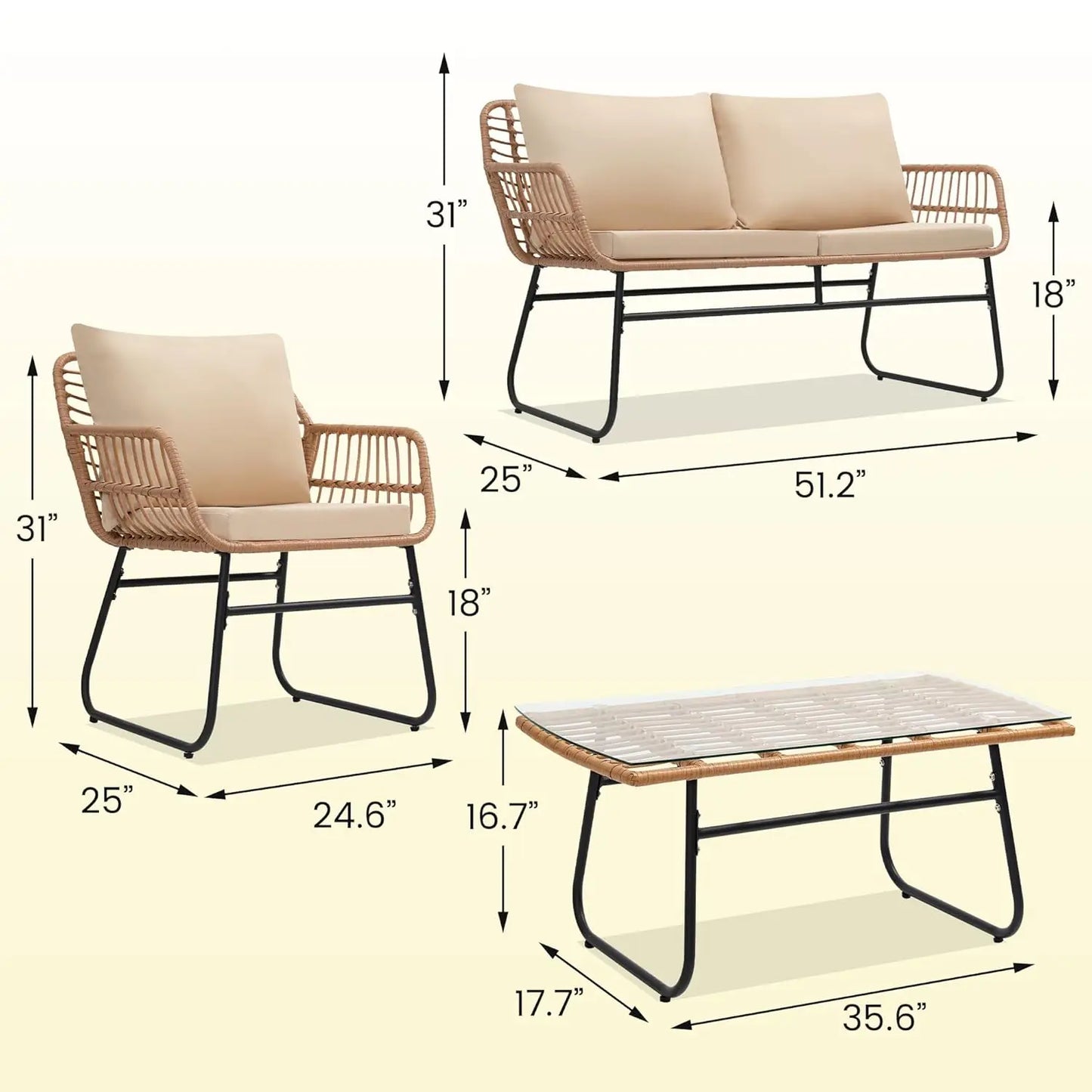 4 Piece Patio Bistro Outdoor Furniture Set, Wicker Sofa, 2 Rattan Chairs, and Table, Backyard Conversation Set, All, Customized