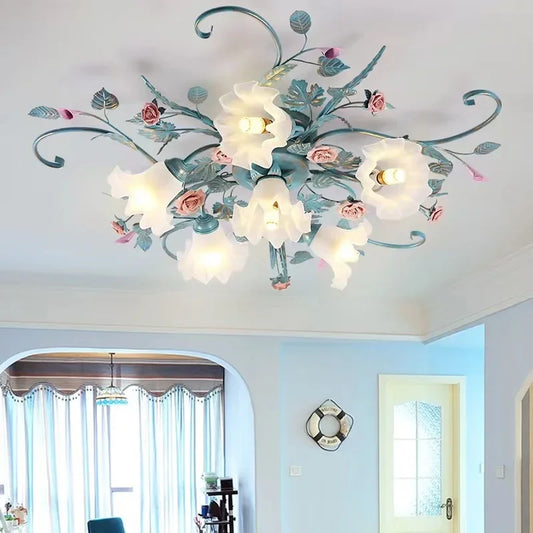 Romantic Rose Flower Ceiling Lamp Pastoral Style Glass Flower Ceiling Chandelier For Bedroom Living Room Art Attic LED Lighting