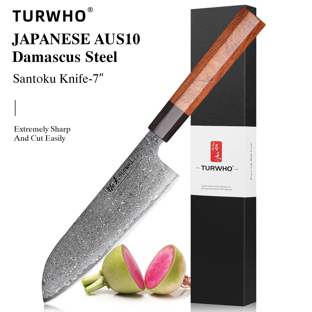 TURWHO Hand Forged Japanese Chef Knife Damascus Steel Santoku