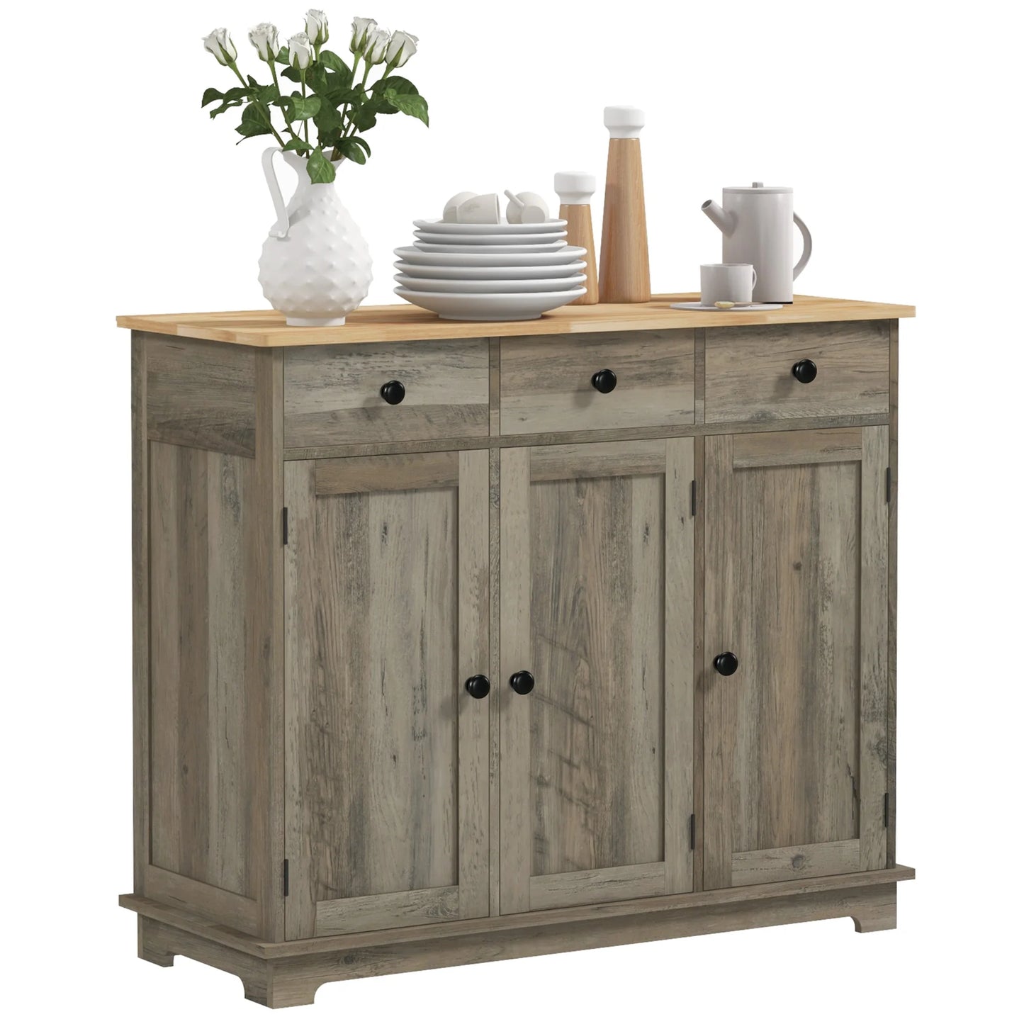Homcom Sideboard Buffet Cabinet with Solid Wood Countertop, Modern Kitchen Storage Cabinet, Coffee Bar Cabinet with 3 Drawers, Doors and Adjustable Shelf, Distressed Gray