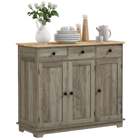 Homcom Sideboard Buffet Cabinet with Solid Wood Countertop, Modern Kitchen Storage Cabinet, Coffee Bar Cabinet with 3 Drawers, Doors and Adjustable Shelf, Distressed Gray