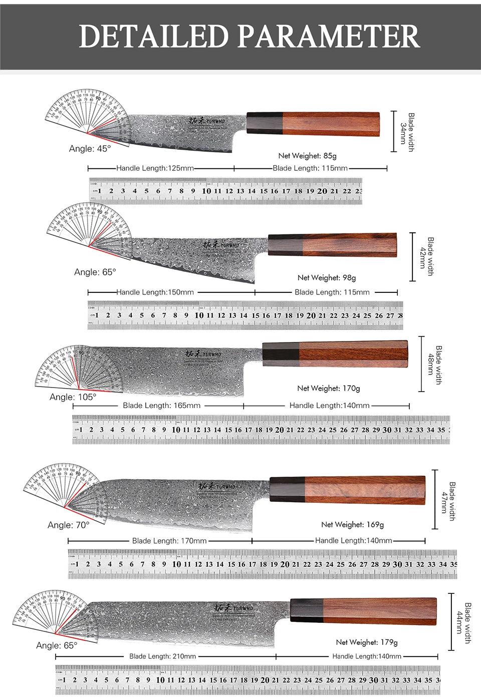 TURWHO Hand Forged Japanese Chef Knife Damascus Steel Santoku
