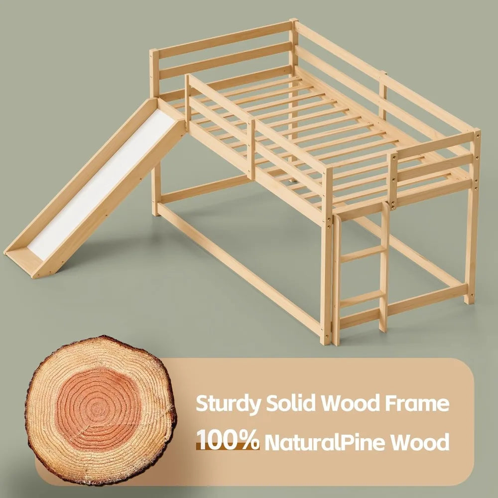Low Bunk Bed with Slide, Twin Loft Bed with Ladder, Wood Frame for Kids