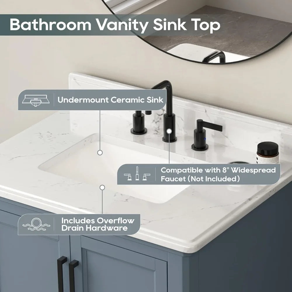 30'' Bathroom Vanity with Sink, Single Sink, Solid Wood Frame, Soft Close Doors, Dovetail Drawer, Steel Blue