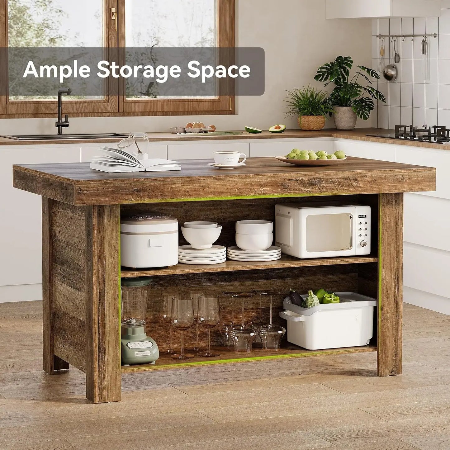 55 Inches Kitchen Island with Storage, 3-Tier Farmhouse Wooden Stationary Island Table with Large Worktop & Leg Room, Modern Cof