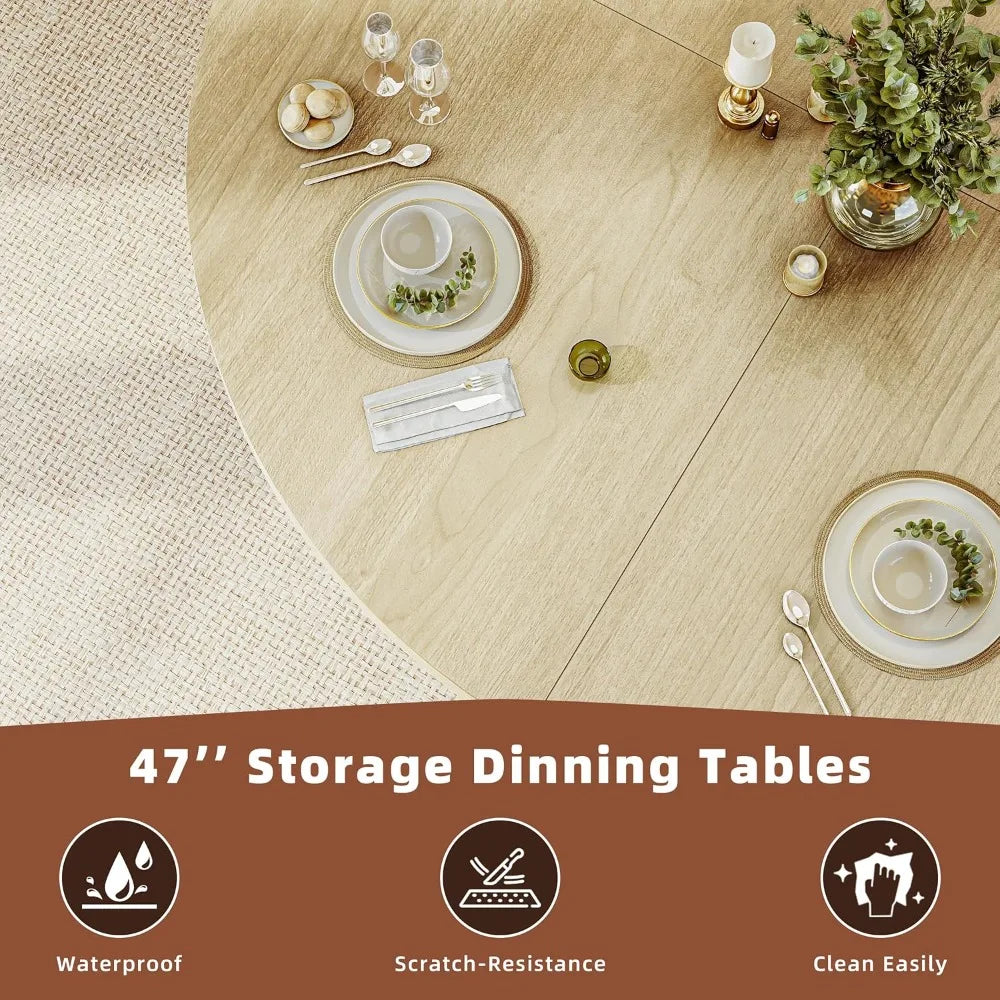Round Dining Table For 4-6 With Storage Shelf And Wood Slide Door In Oak