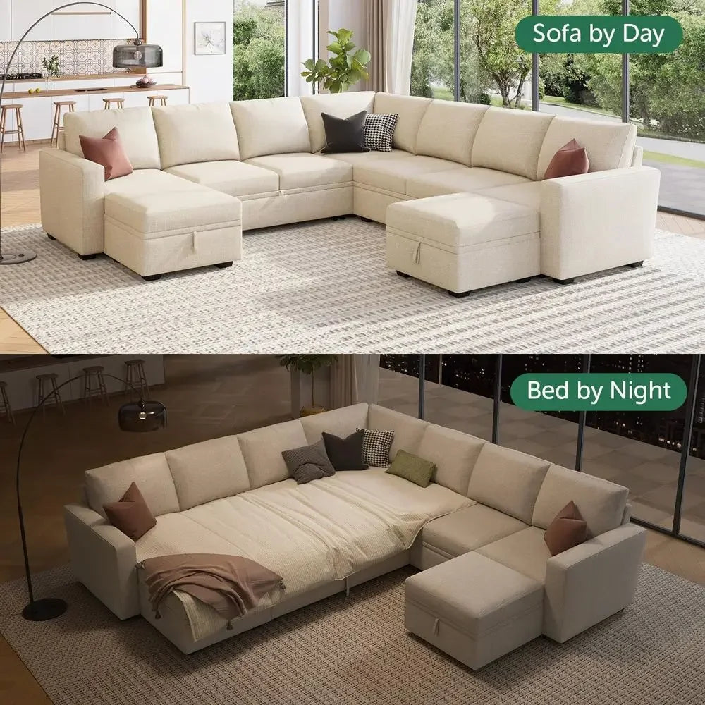 Beige Oversized Sleeper Sofa with Pull-Out Couch and Storage Sectional