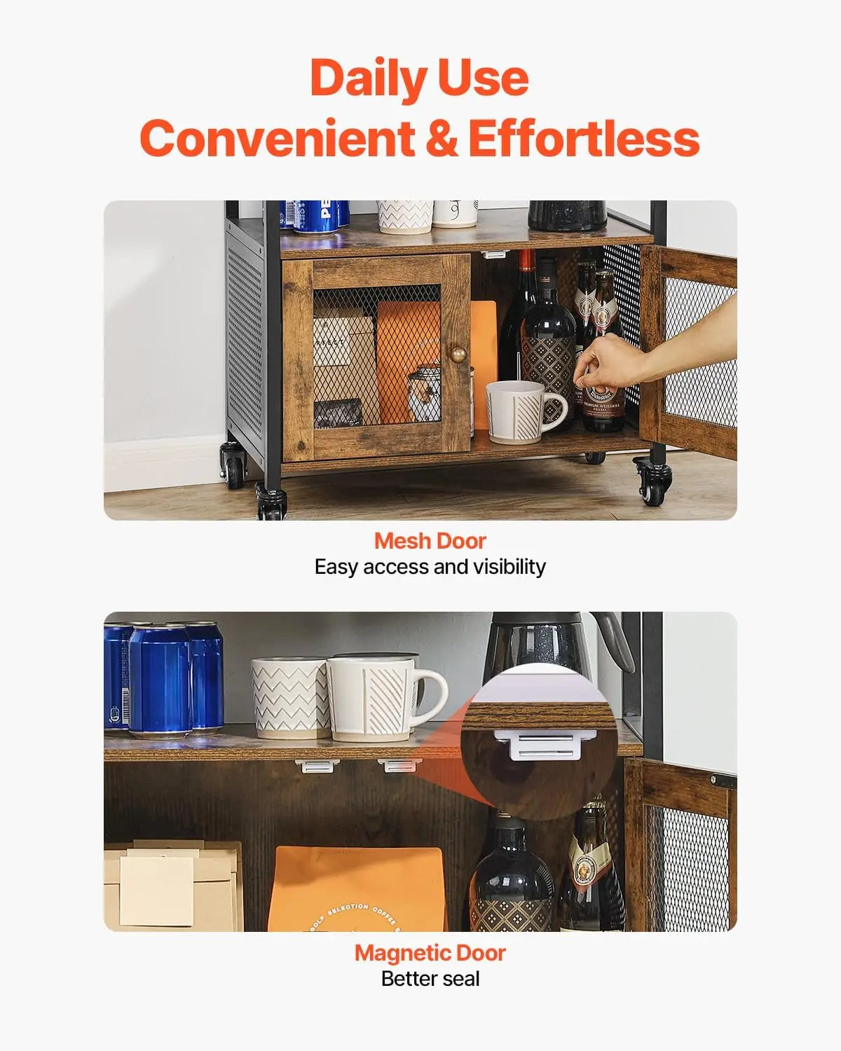 Farmhouse Coffee Bar Cabinet With Wheels And Mesh Door