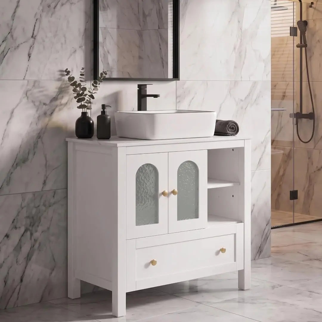30" Bathroom Vanity with Sink, Freestanding Cabinet, 2 Water Ripple Doors & 1 Drawer, Soft-Close, Silver Glass Boat Sink, White,