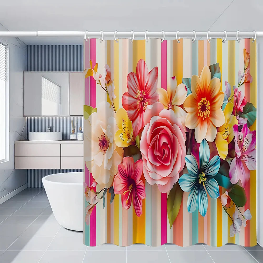 Flower Bird Shower Curtain Set With Carpet And Toilet Seat