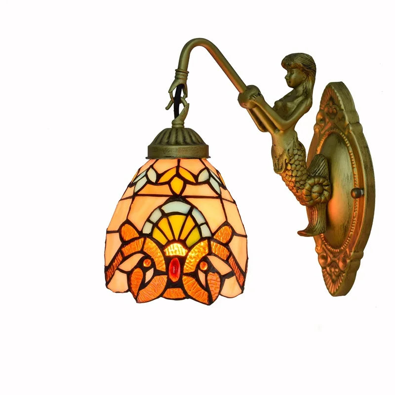 European Stained Glass Mermaid Wall Lamp Bedroom Bedside Lamp Retro Creative Dining Room Balcony Aisle Staircase Light