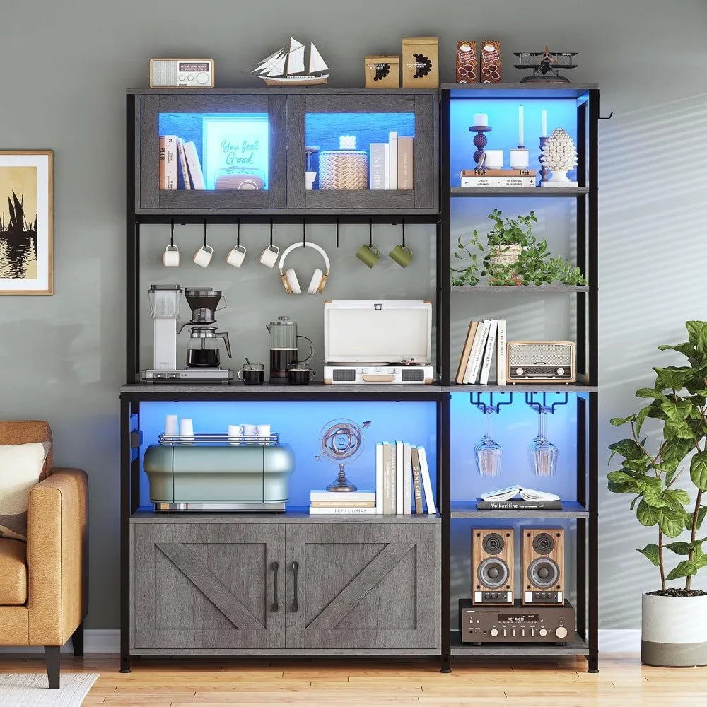 Farmhouse Coffee Bar Cabinet With Power Outlet And LED Light