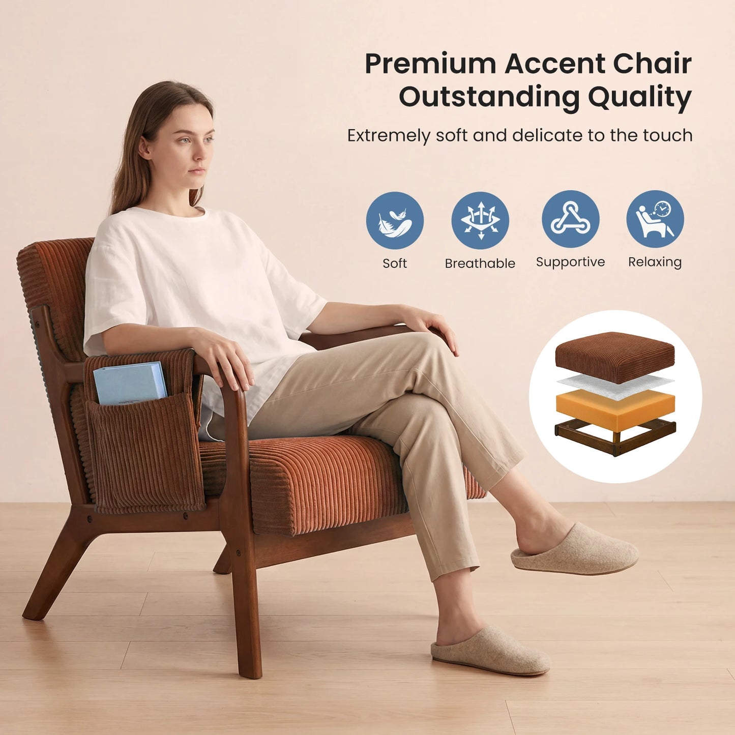 MCQ Mid-century Solid Wood Frame Office Chair Ergonomic Armchair with Lumbar Pillow High Backrest Heavy Capacity For Office
