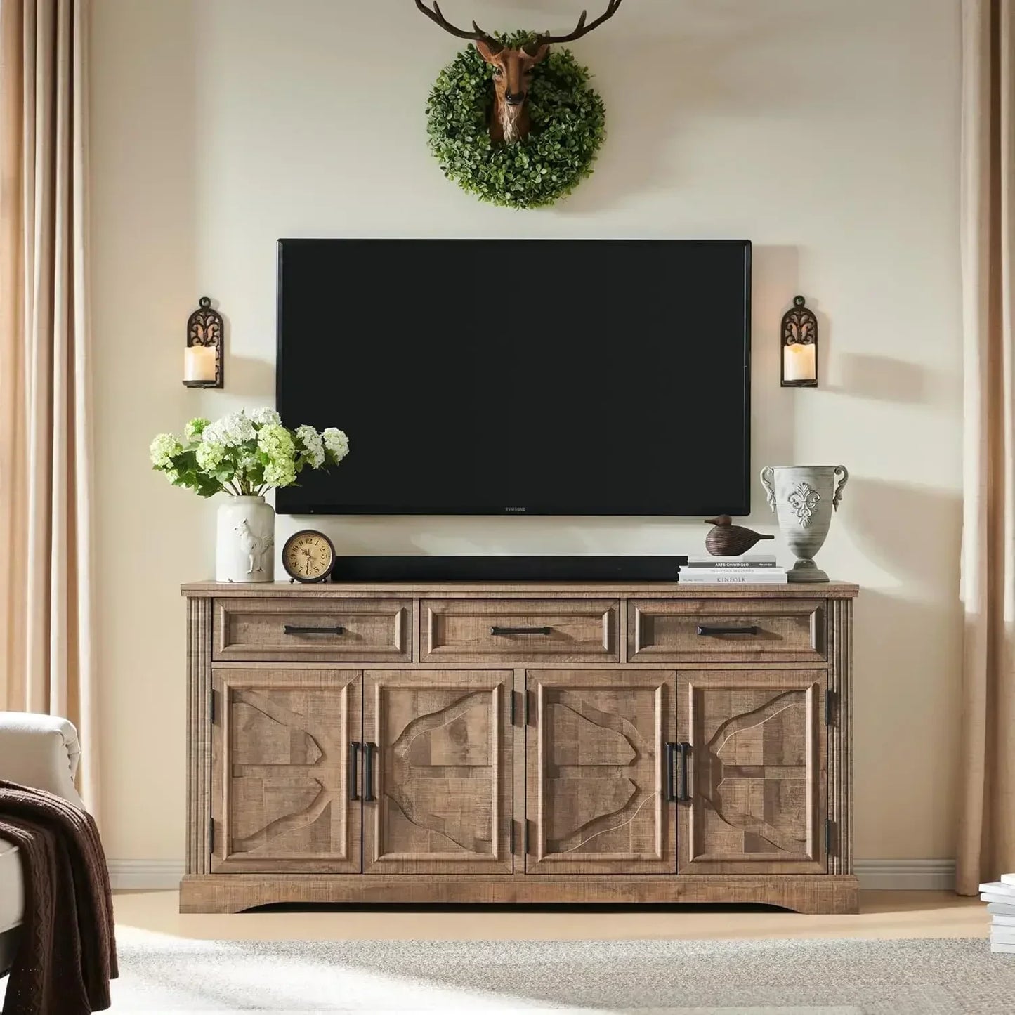 Buffet Sideboard Cabinet With 4 Doors 3 Drawers Wine Bar Storage Dining Room