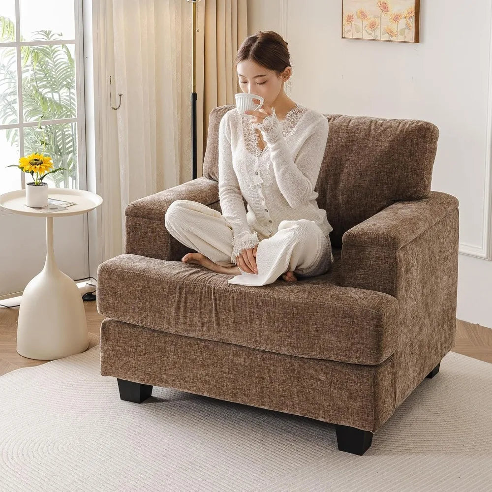 Oversized Accent Chair w/ Armrest Organizer, 7.8'' Cushion, Comfy Living Room Armchair, Brown Chenille