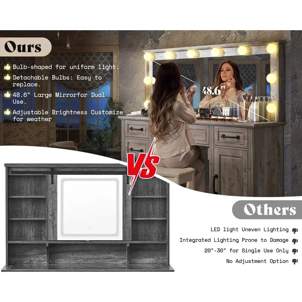 Makeup Vanity With Hollywood Mirror Top And Detachable Light Bulbs