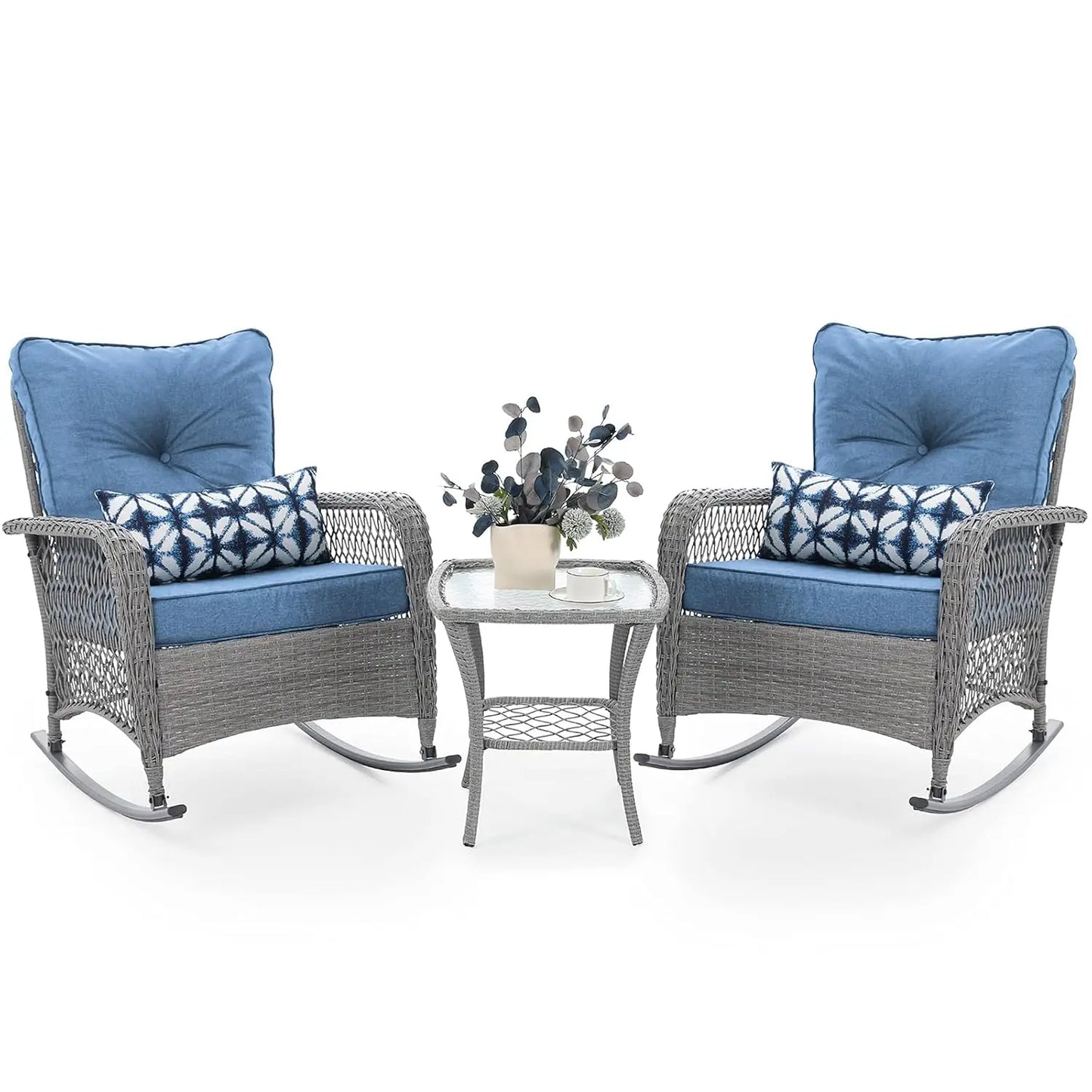 3 Piece Wicker Rocking Bistro Set All Weather PE Wicker Backyard